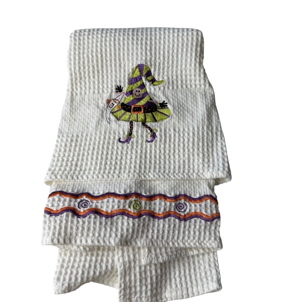 C&F Enterprises Halloween Witch Embroidered Waffle Weave Cotton Hand Towel White